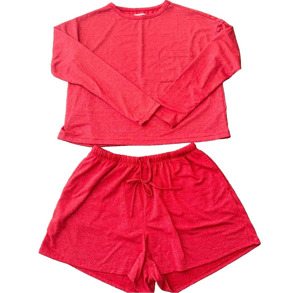 Colsie Women’s Small Red 2pc Lounge Set Top & Shorts Metallic Glitter Christmas